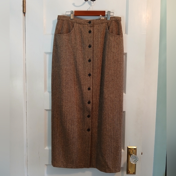 VTG 90s J. Crew Wool Tweed Herringbone Brown Skirt - m - Picture 8 of 9